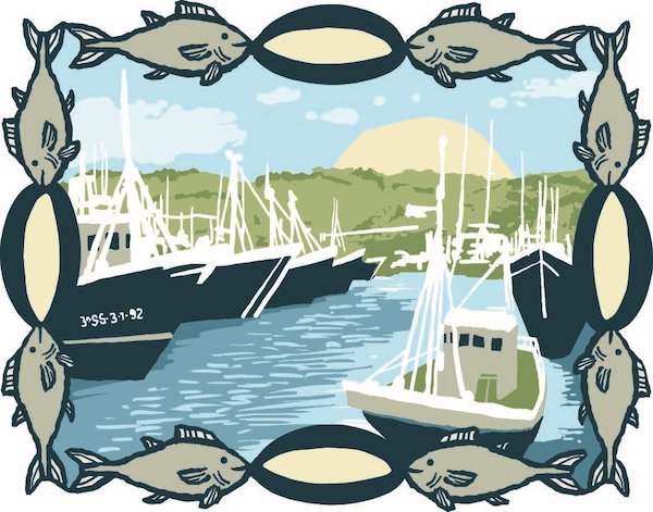 Illustration of Ortiz tuna fishing boats, anchored in Getaria, Spain