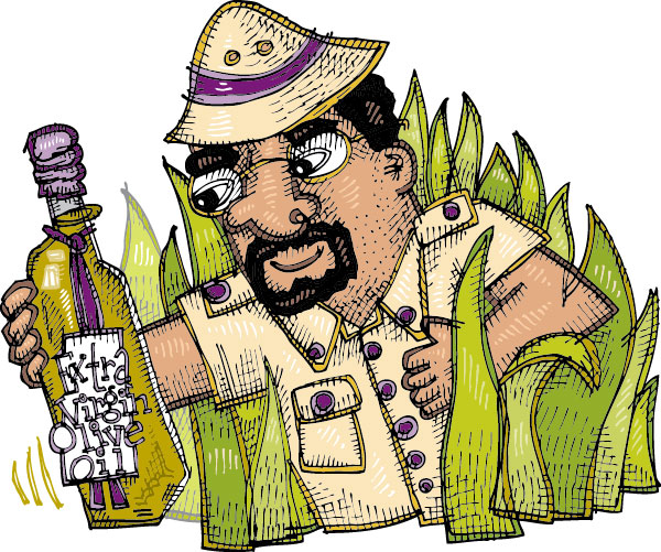Illustration of an explorer with a bottle of extra virgin olive oil