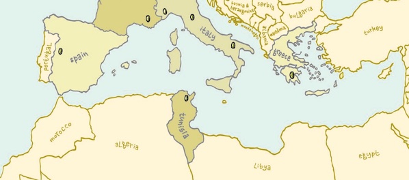 Illustration of a map of the Mediterranean sea and surrounding countries