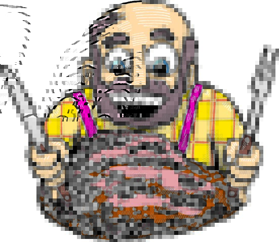 Illustration of a man about to devour a ham.