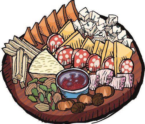 Illustration of a cheese board with cheeses, salami, nuts, and and preserves