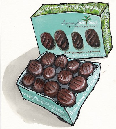 Illustration of a box of chocolate mint creams