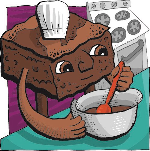 Illustration of a brownie mixing a bowl in a kitchen