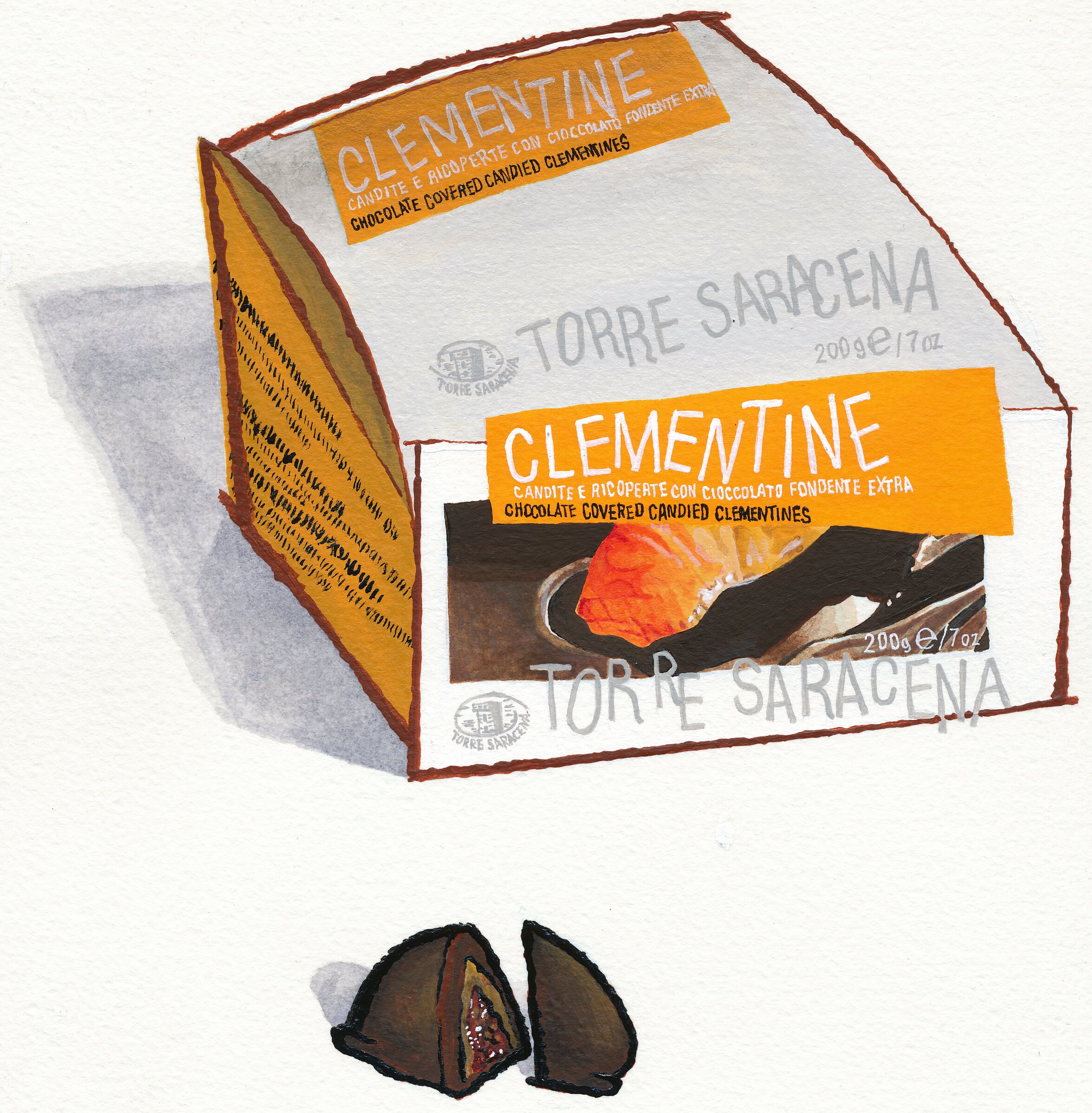 Illustration of a box of chocolate covered clementines