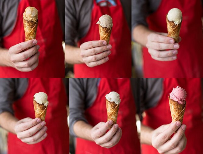 Grid of 6 photos of a hand holding an ice cream cone