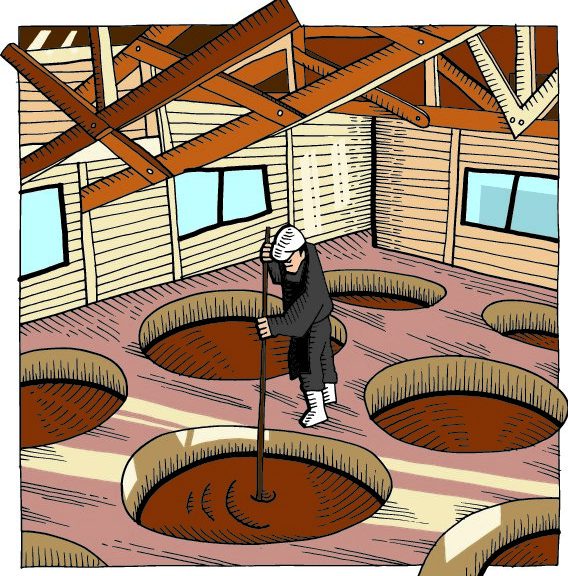 Illustration of a man using a long pole to stir a giant barrel of Japanese soy sauce