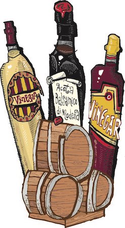 Illustration of vinegar barrels and bottles